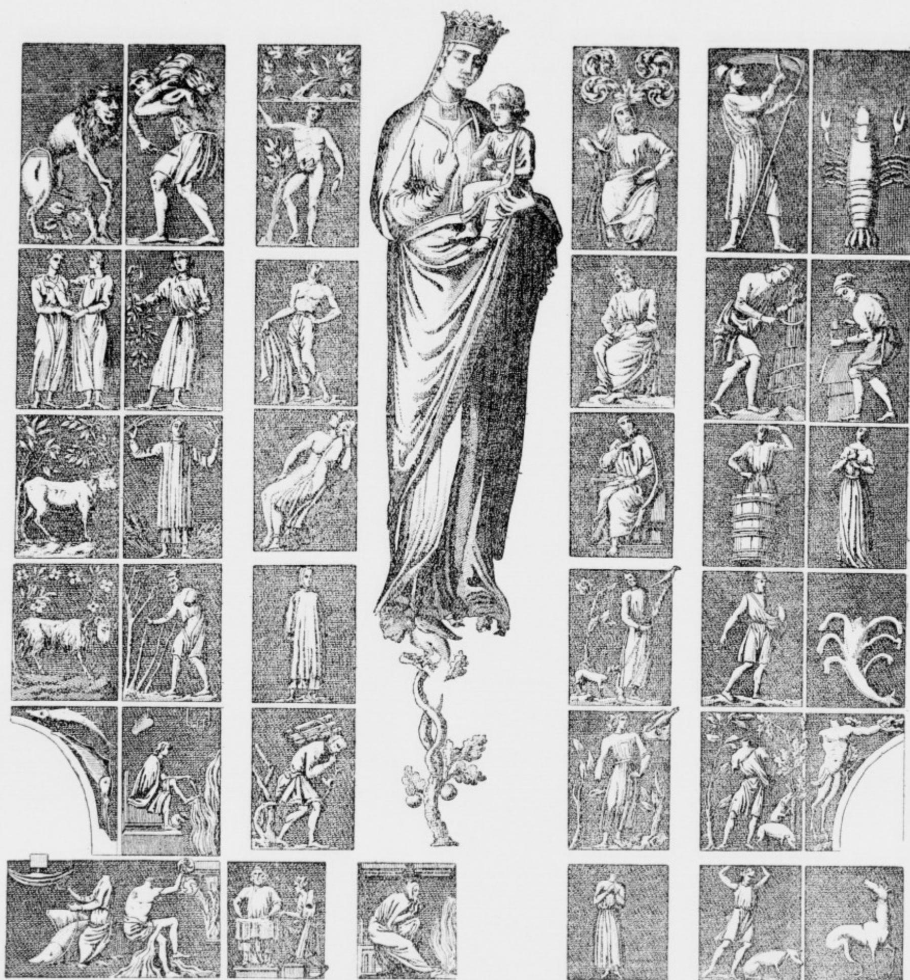 A large central illustration of a crowned woman holding a child, surrounded by a grid of smaller vignettes depicting various figures, animals, and scenes in a woodcut style.