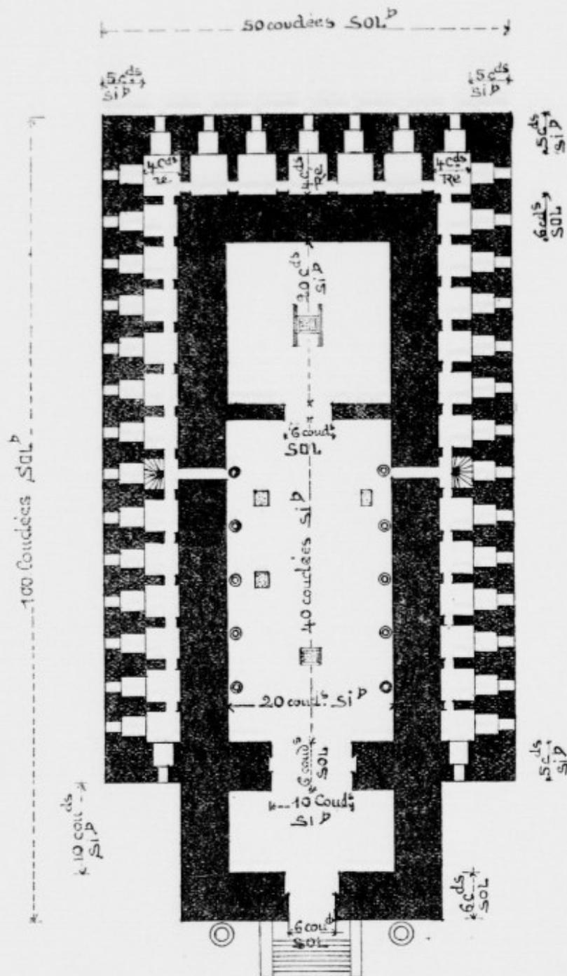 Architectural drawing of the Temple from Ezekiel. It is a complex structure with multiple nested rectangles. The outermost dimension is 50 cubits wide by 100 cubits long. The inner sanctuary is 40 cubits wide by 20 cubits long. The drawing includes numerous labels for various sections and dimensions in cubits and Solomon's cubits (Sol. P.), including 10 cubits, 20 cubits, 30 cubits, 40 cubits, 50 cubits, 6 cubits, and 15 cubits. The entrance is at the bottom center.