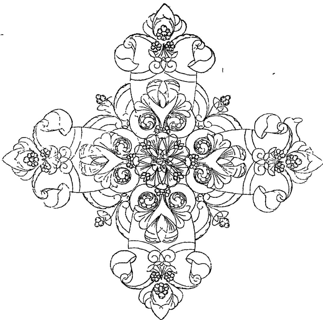 A highly detailed, symmetrical decorative drawing, likely a floor plan or a complex ornament. It features a central cross-like shape with rounded ends, filled with intricate floral and scrollwork patterns. The design is mirrored across both horizontal and vertical axes, creating a balanced and ornate visual effect.