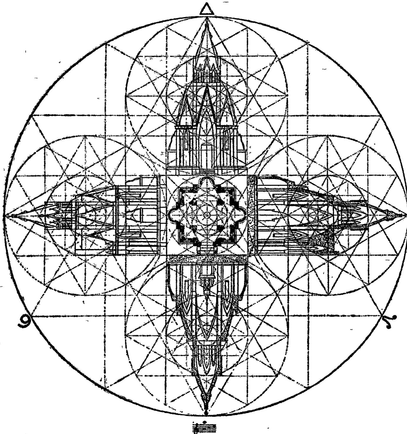 A complex architectural drawing of a chapel, labeled '5e Style ou Grand Style. — CHAPELLE DE MARIE.' The drawing is a detailed plan or elevation showing the symmetrical layout of the building, including the central nave, side aisles, and a large dome. The entire structure is overlaid with a complex geometric grid of circles and straight lines, illustrating the 'speaking architecture' (architecture parlante) mentioned in the text. The drawing is framed by a large circle, and there are small symbols at the top and bottom center.