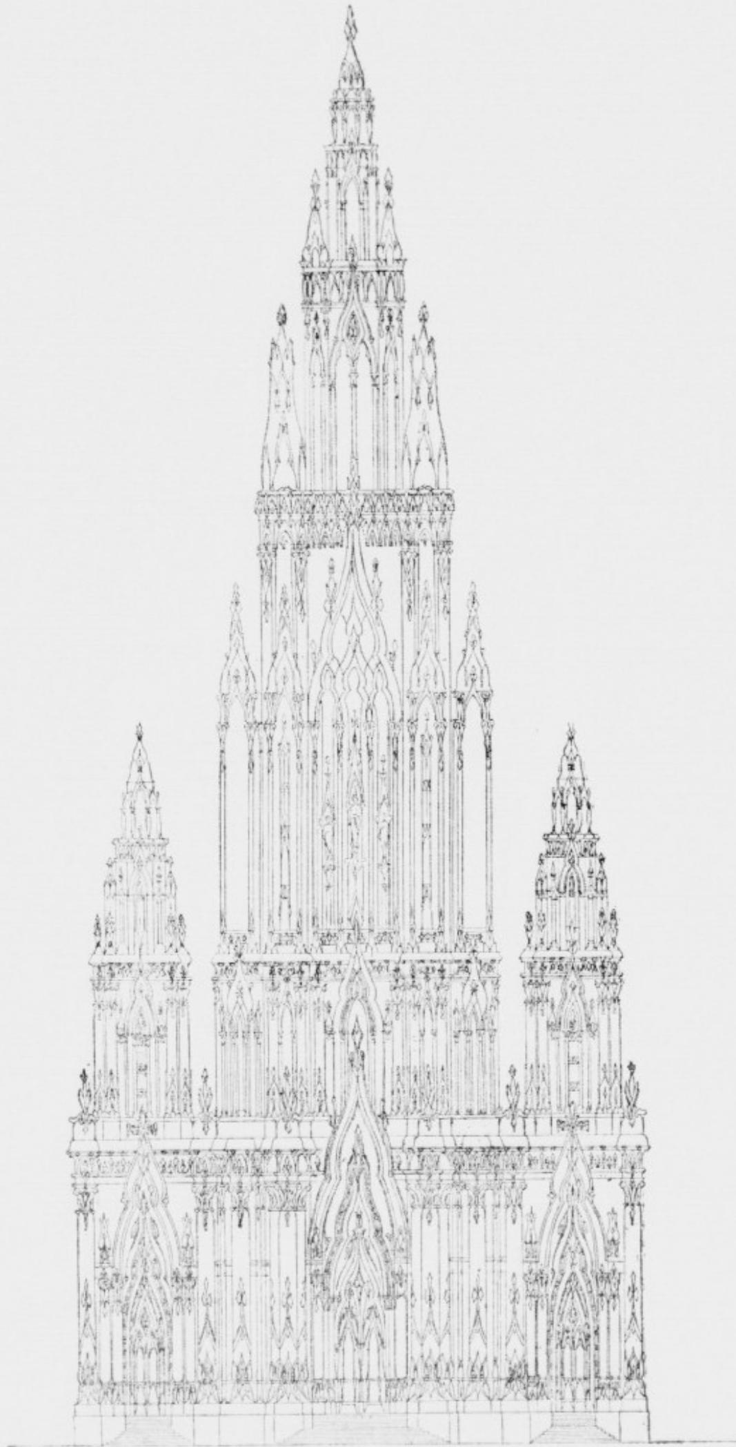 A detailed architectural line drawing of the main facade of a Gothic church, identified as Saint-Yves. The facade is highly ornate, featuring a large central rose window flanked by two tall, multi-tiered towers. Each tower is topped with a complex spire and smaller pinnacles. The entire structure is covered in intricate tracery, pinnacles, and flying buttresses. The lower part of the facade shows three large portals with pointed arches and detailed carvings. The drawing is executed in a precise, technical style typical of architectural engravings.