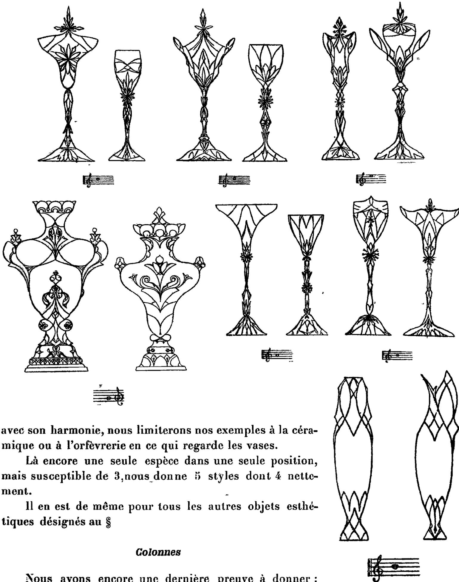 A collection of 12 decorative vases and columns, each accompanied by a musical staff. The vases are arranged in three rows. The top row features six slender, stylized vases with geometric patterns. The middle row features two large, ornate vases on the left and four slender vases on the right. The bottom row features two tall, slender columns. Each object has a small musical staff with a single note positioned directly beneath it, indicating its 'musical' pitch.