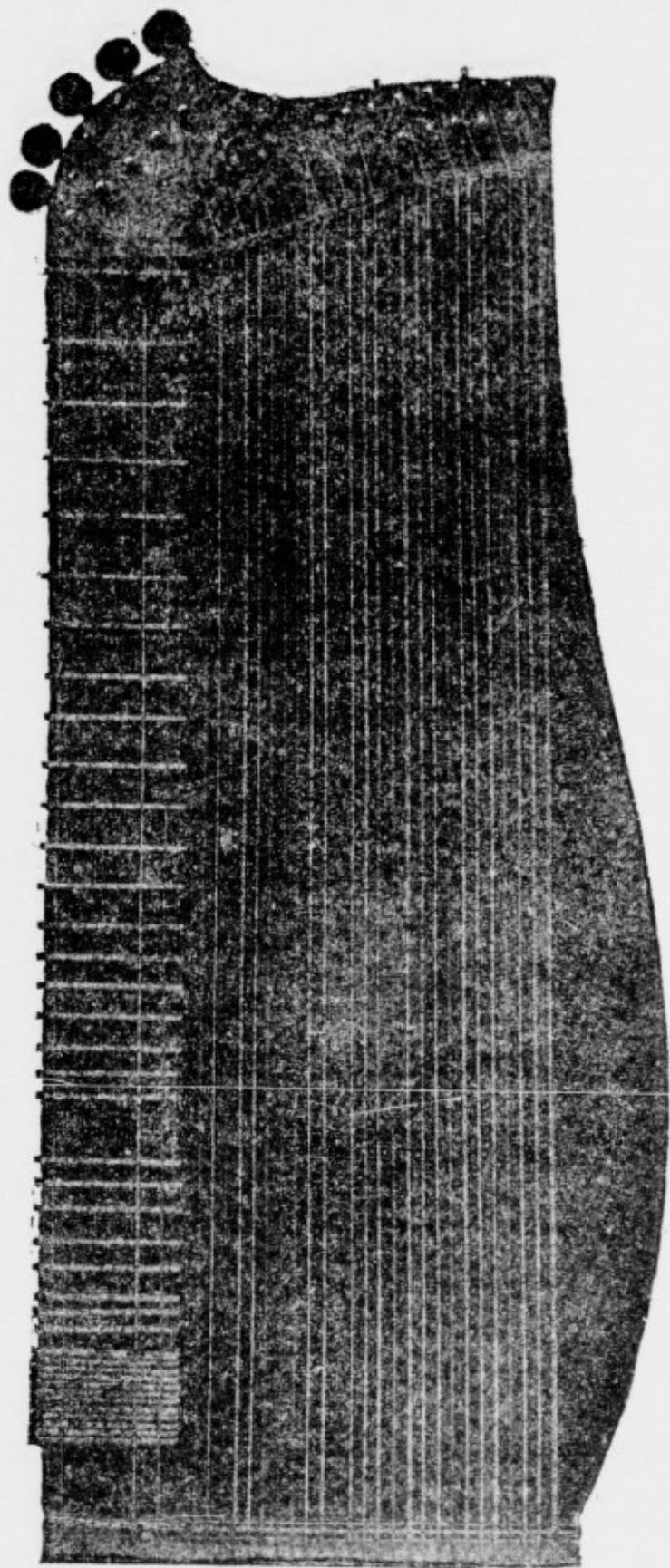 A black and white illustration of a large, vertical, curved instrument, possibly a harp or a lyre, with many vertical strings or rods. The top edge is decorated with several small, dark, circular elements. The instrument has a textured, almost woven appearance.