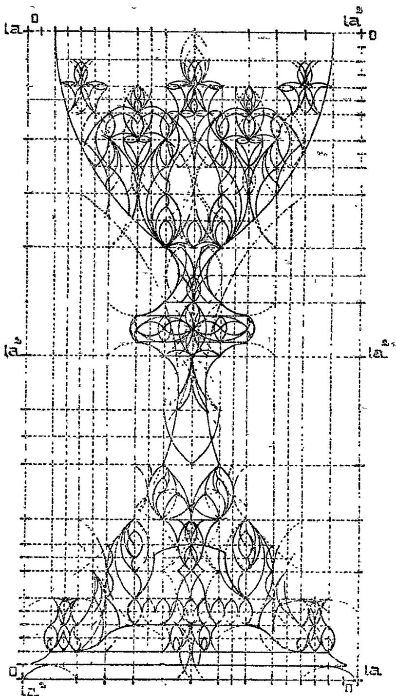 A technical drawing of a chalice on a grid. The grid is marked with 'la' at the top corners and 'ut' at the bottom corners. The drawing shows the outline of the chalice and a complex pattern of intersecting lines and curves that represent harmonic series or sound waves, overlaid on the grid.