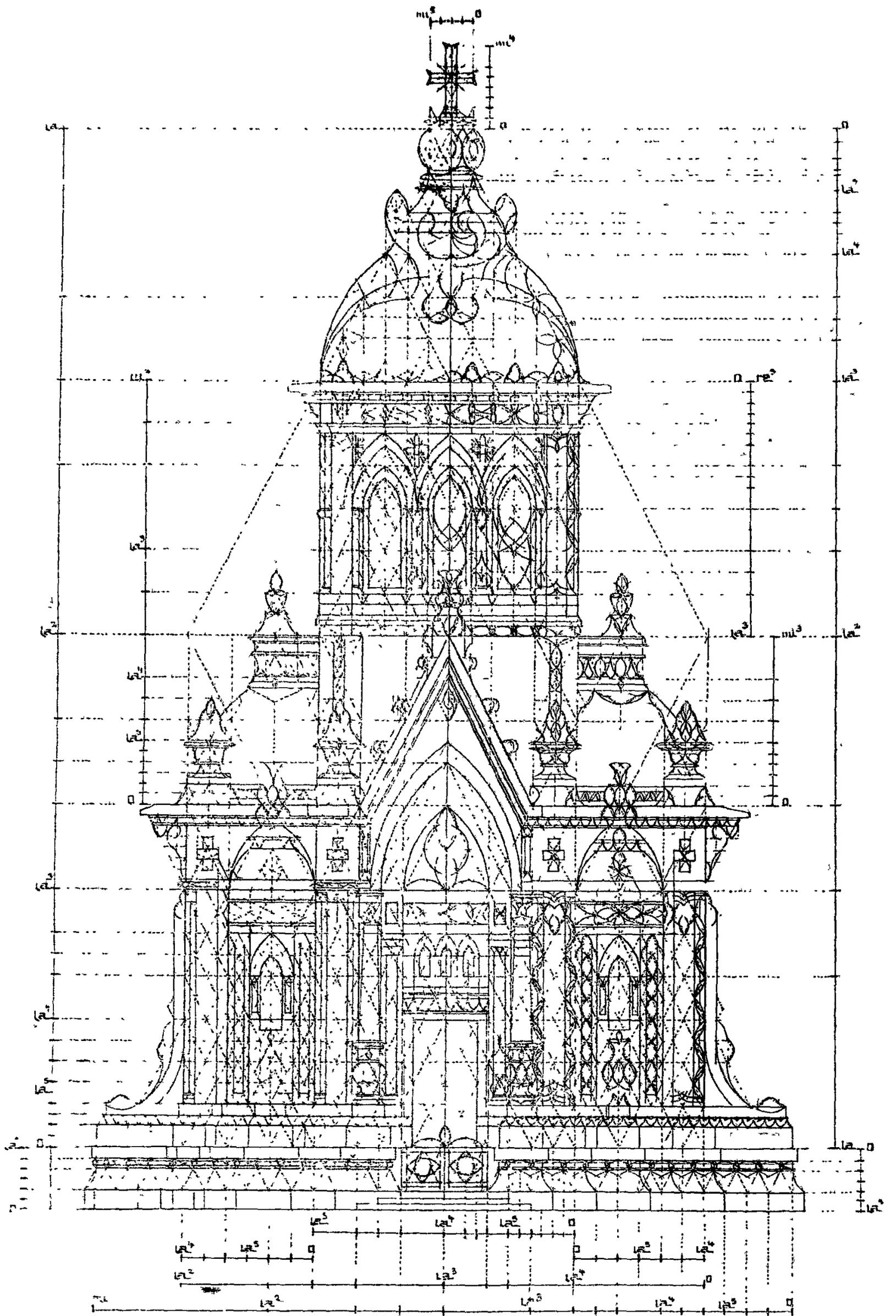 A detailed architectural drawing of the facade of the Grande Chapelle, showing Gothic (ogival) style elements. The drawing is overlaid with a grid and various geometric construction lines, including vertical and horizontal axes labeled with letters like 'La', 'U1', 'Mi', 'U2', 'U3', 'U4', 'U5', 'U6', 'U7', 'U8', 'U9', 'U10', 'U11', 'U12', 'U13', 'U14', 'U15', 'U16', 'U17', 'U18', 'U19', 'U20', 'U21', 'U22', 'U23', 'U24', 'U25', 'U26', 'U27', 'U28', 'U29', 'U30', 'U31', 'U32', 'U33', 'U34', 'U35', 'U36', 'U37', 'U38', 'U39', 'U40', 'U41', 'U42', 'U43', 'U44', 'U45', 'U46', 'U47', 'U48', 'U49', 'U50'. The facade features a large central ogival archway, smaller arches on the sides, and a tall, ornate spire topped with a cross. The drawing is highly detailed, showing intricate tracery and decorative elements.