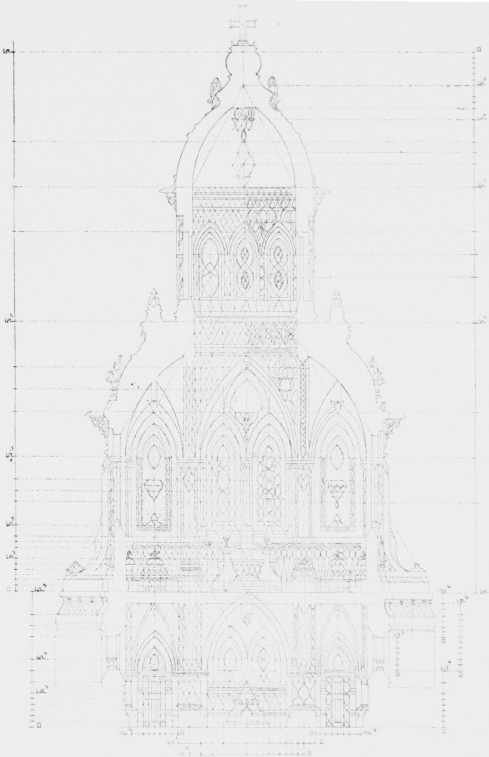 A detailed architectural cross-section drawing of the Grande Chapelle, showing its Gothic structure. The drawing is oriented vertically, with the ground level at the bottom. The structure features a large central dome supported by a series of pointed arches and buttresses. The interior is divided into multiple levels, with the lower level containing three large pointed arches and the upper level featuring a smaller dome and decorative elements. The drawing is overlaid with a grid of horizontal lines and vertical axes, marked with letters (A, B, C, D, E, F, G, H, I, J, K, L, M, N, O, P, Q, R, S, T, U, V, W, X, Y, Z) and numbers (1, 2, 3, 4, 5, 6, 7, 8, 9, 10, 11, 12, 13, 14, 15, 16, 17, 18, 19, 20, 21, 22, 23, 24, 25, 26, 27, 28, 29, 30, 31, 32, 33, 34, 35, 36, 37, 38, 39, 40). The drawing is a technical illustration, likely from a historical architectural treatise.