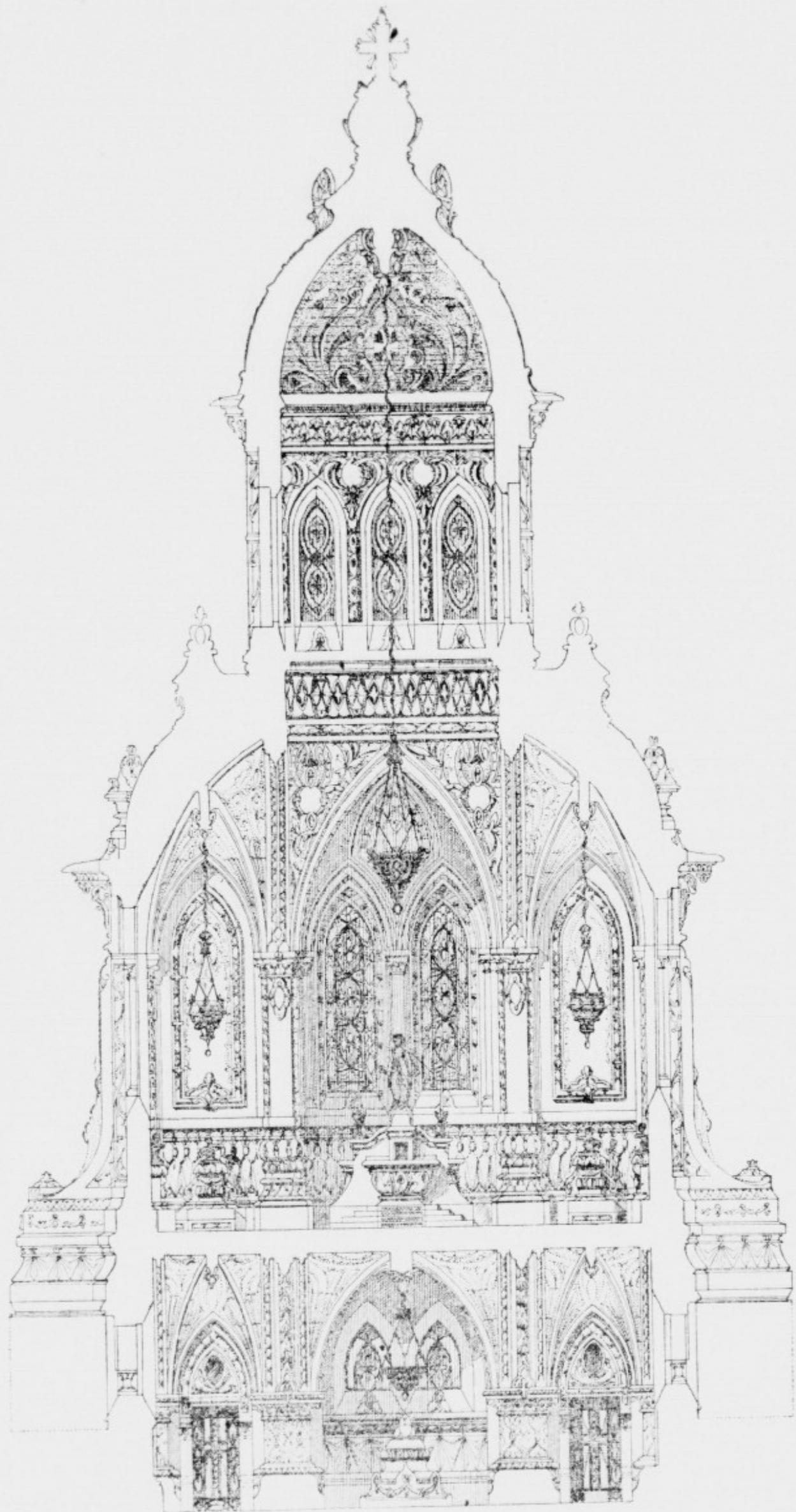 A detailed architectural cross-section drawing of the Grande Chapelle, showing its ornate Gothic interior with multiple levels, pointed arches, and decorative elements.