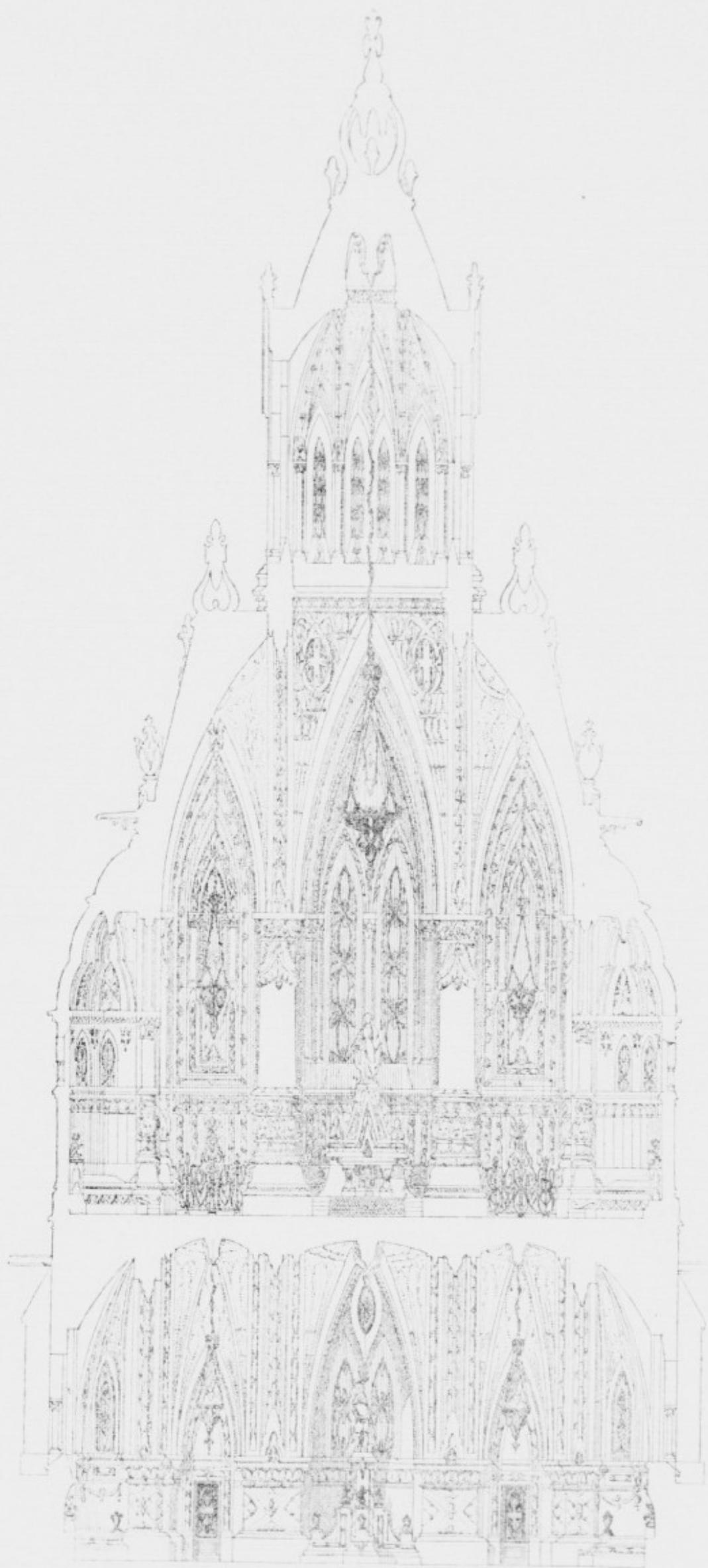 A detailed architectural drawing of the Grande Chapelle, showing the facade and a cross-section. The drawing is in a Gothic style (ogival) and is labeled as a demonstration figure. The facade features three large pointed arches with intricate tracery, topped by a tall, ornate spire. The cross-section below shows the internal structure, including the pointed arches and the ribbed vaulting of the ceiling. The drawing is a black and white line illustration with fine detail.