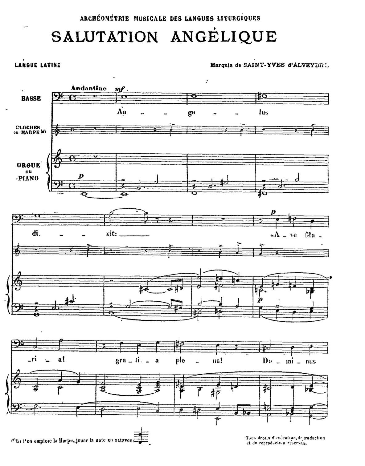 Salutation Angélique (Angelic Salutation), Latin — by the Marquis de Saint-Yves d'Alveydre. Score, page 1 (Andantino): «Angelus … dixit: Ave Maria! gratia plena! Dominus».