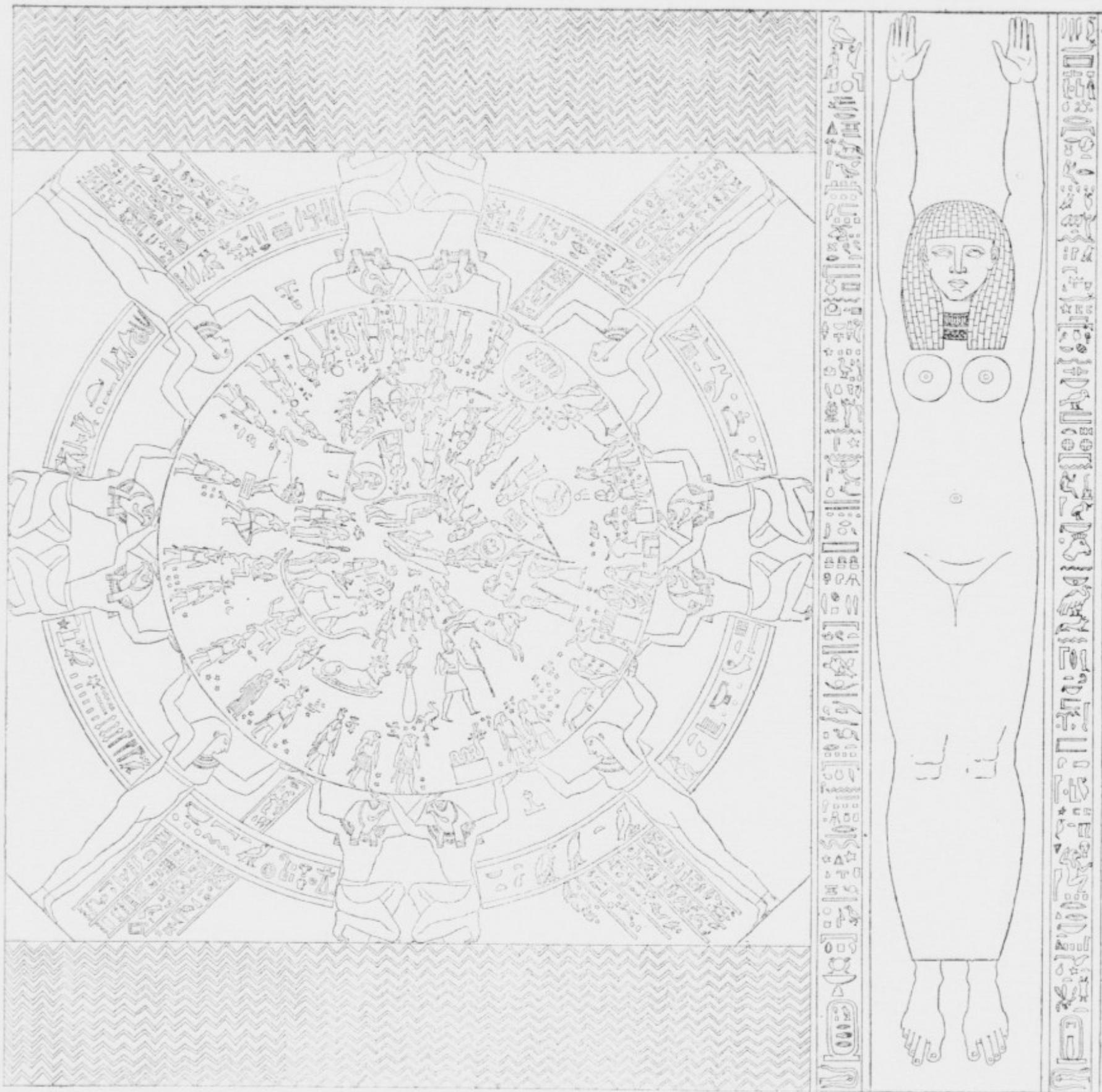 A detailed black and white line drawing of the Dendera zodiac, with a circular zodiac wheel containing twelve concentric rings with zodiac signs in Egyptian hieroglyphs